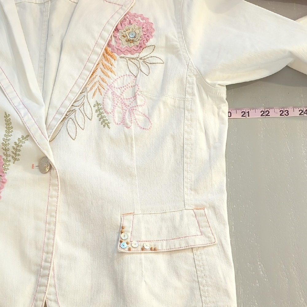 Vintage White Blazer with Floral Embroidery 3/4 Sleeves size 14 Stretch Cotton - Picture 6 of 8